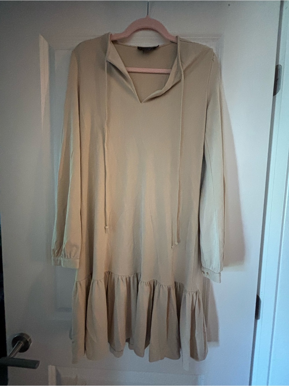 Ralph Lauren Neutral Beige Long-Sleeve Ruffle-Hem Dress